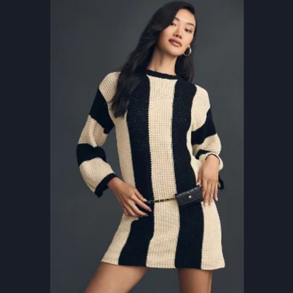 1X Anthropologie 4SI3NNA Long-Sleeve Striped Sweater Mini Dress Black & Cream